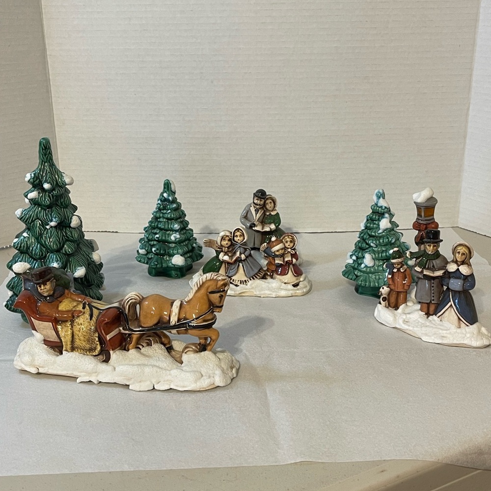 Charming Holiday Village Set with Snow Topped Trees